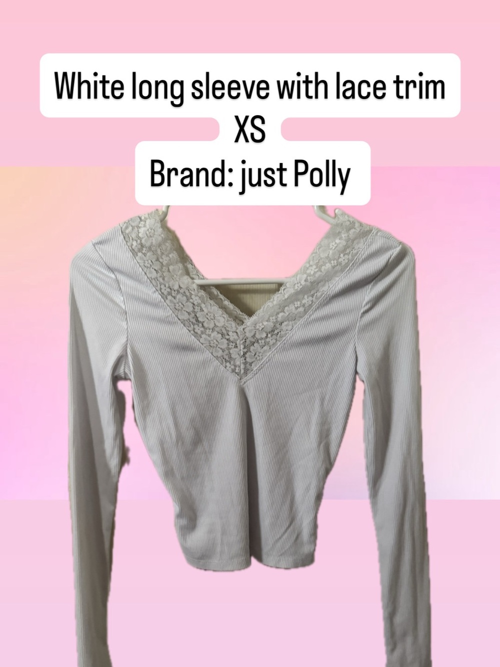 Just Polly White Long Sleeve Lace-Trim V-Neck Top